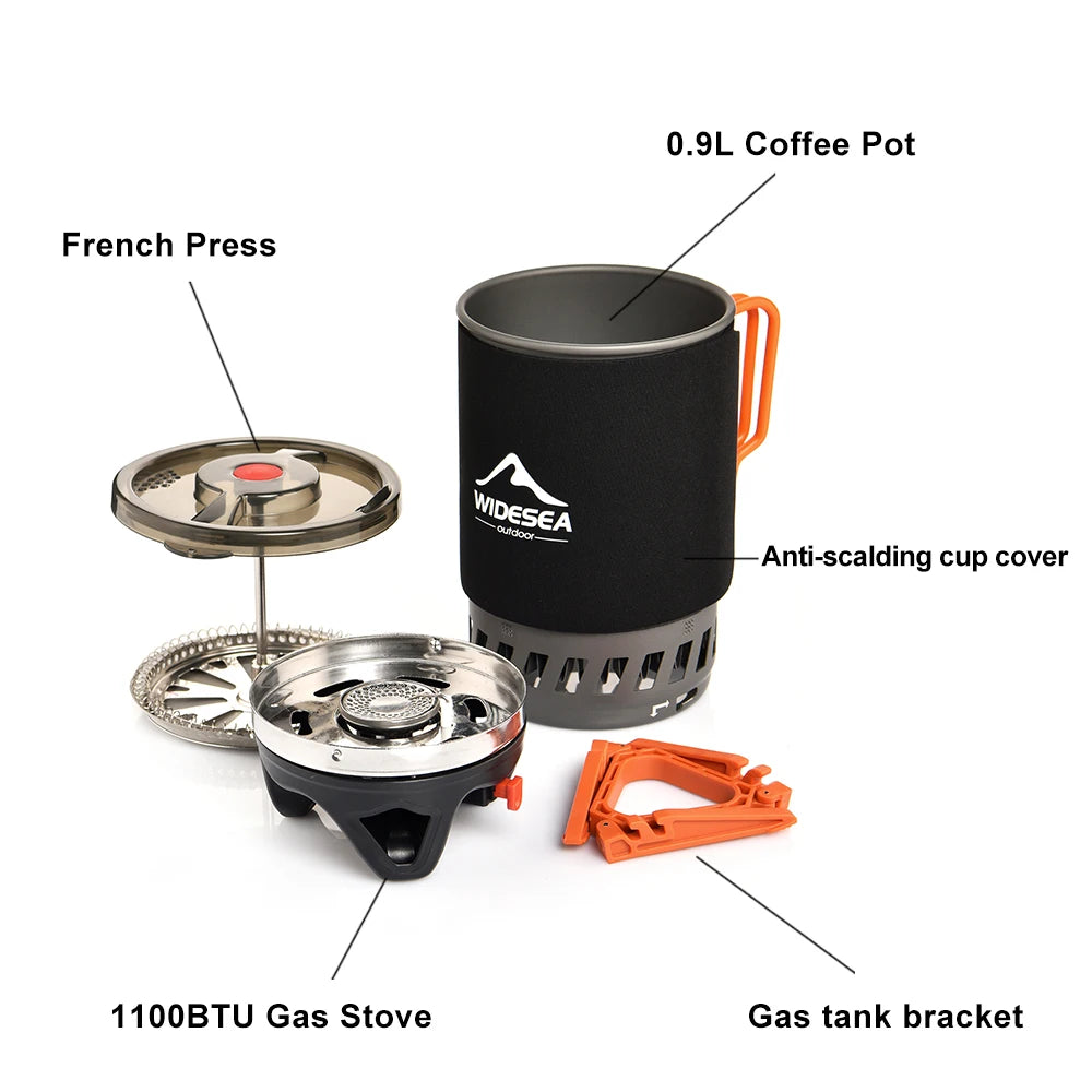 Camping Cooking System with Heat Exchanger Outdoor Gas Stove Burner Tourist Coffee Pot Cup Cookware Tableware Tourism