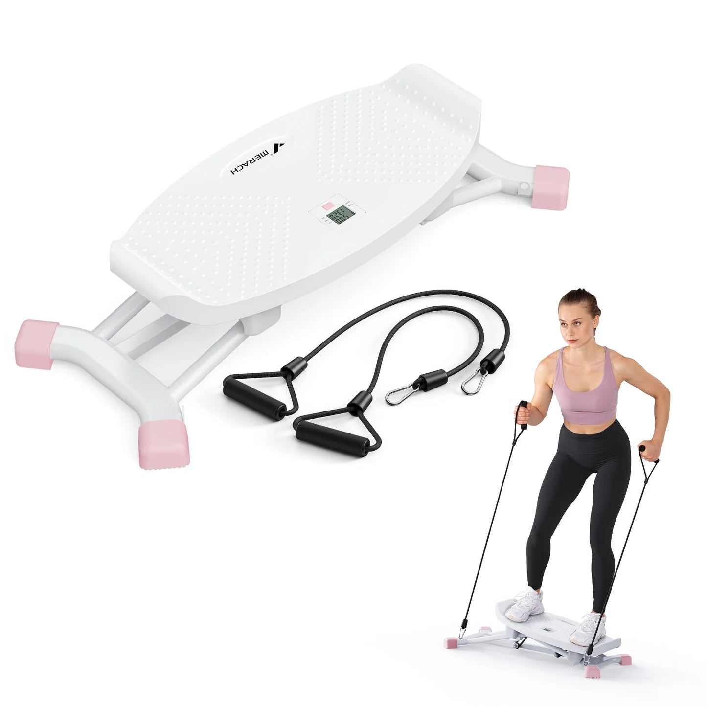 Mini Stepper Rocking Exercise Machine Balance Board With Resistance Bands Quiet Fitness Pedal Trainer Lcd Monitor For Legs Hip Waist & Full‑Body Training Ski Machine Trainer For Home Workout