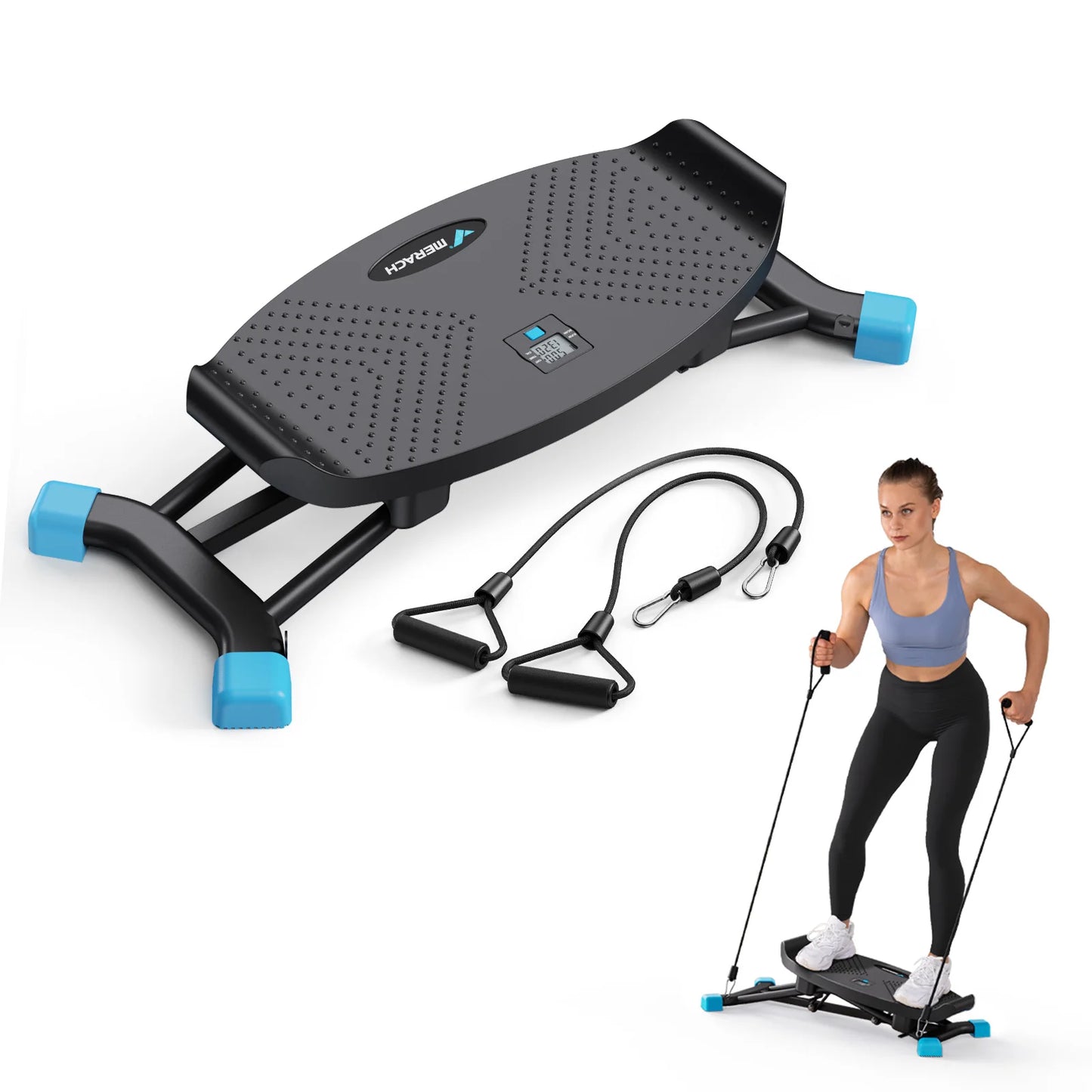 Mini Stepper Rocking Exercise Machine Balance Board With Resistance Bands Quiet Fitness Pedal Trainer Lcd Monitor For Legs Hip Waist & Full‑Body Training Ski Machine Trainer For Home Workout