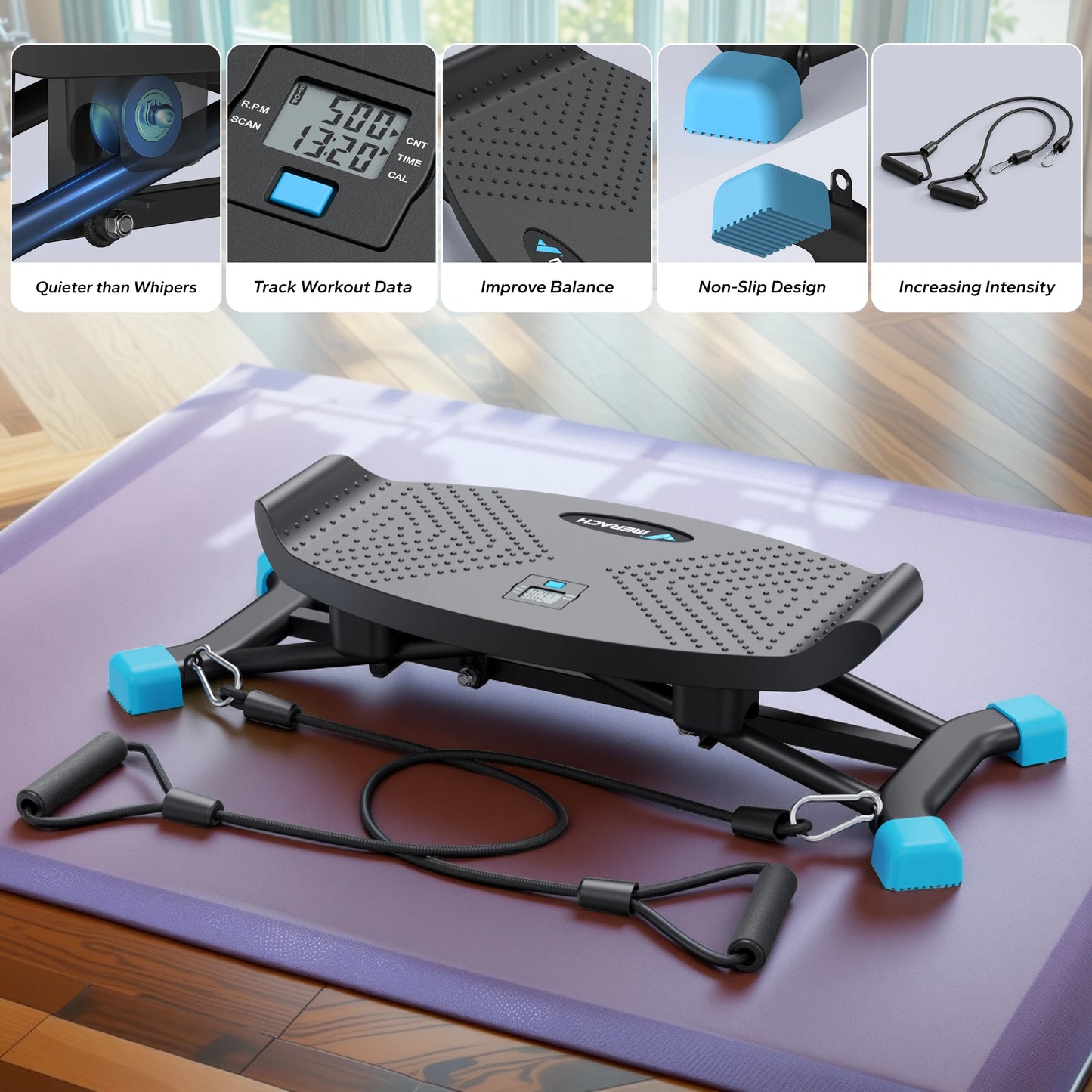 Mini Stepper Rocking Exercise Machine Balance Board With Resistance Bands Quiet Fitness Pedal Trainer Lcd Monitor For Legs Hip Waist & Full‑Body Training Ski Machine Trainer For Home Workout