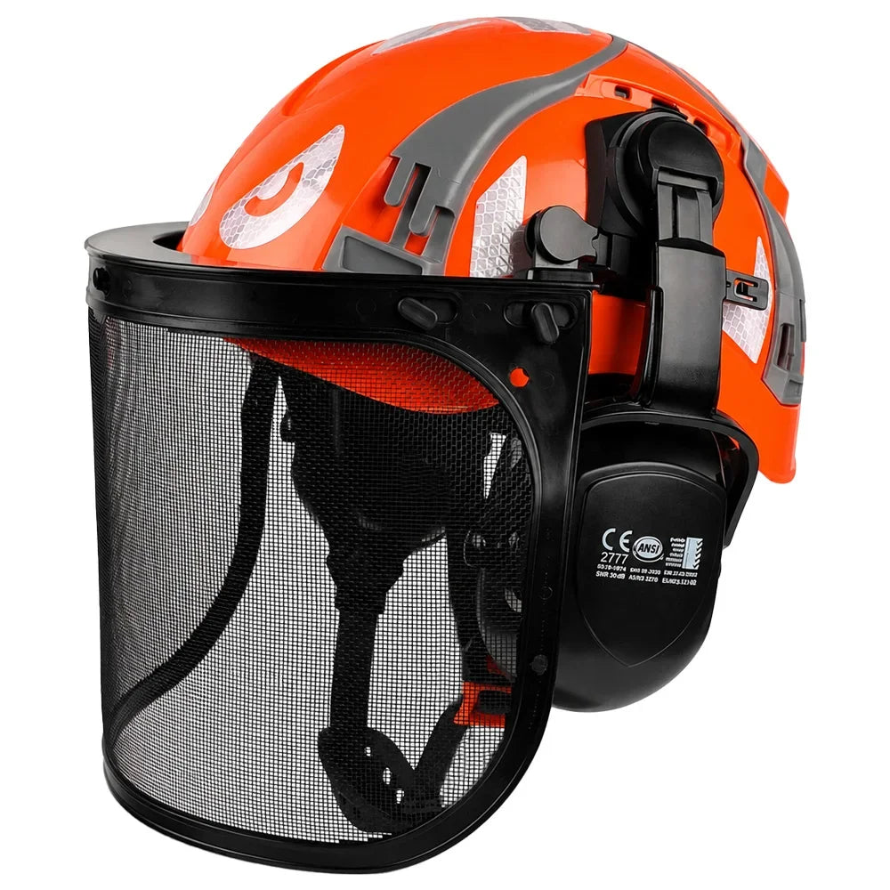 Safety Helmet with Reflective Stickers 3-in-1 Chainsaw Hard Hat Mesh Shield Ear Muffs for Arborist Logging Cap