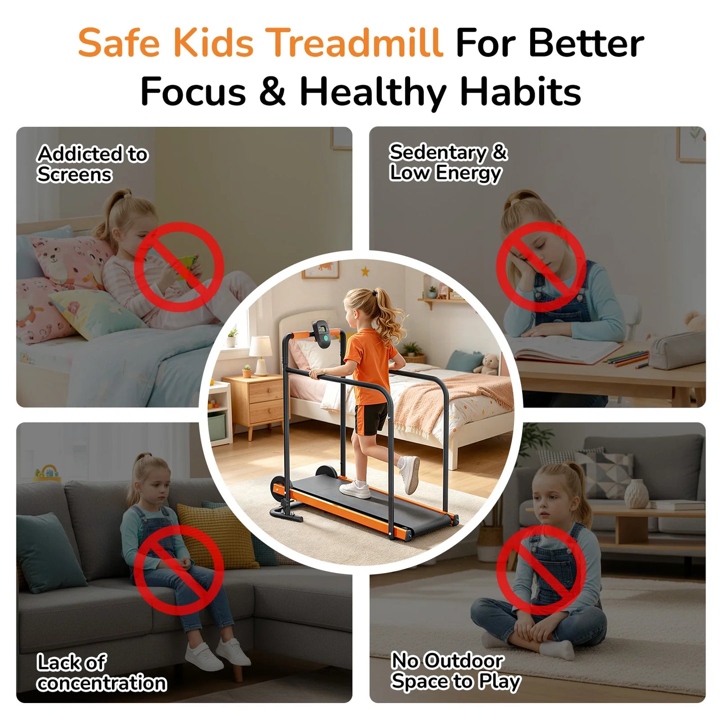 Kids Walking Pad Treadmill - Non-Electric Indoor Exercise Equipment for Boys & Girls, Self-Propelled Fitness Toy with Front Padded Rails, Safe Active Play Gym for Home Use