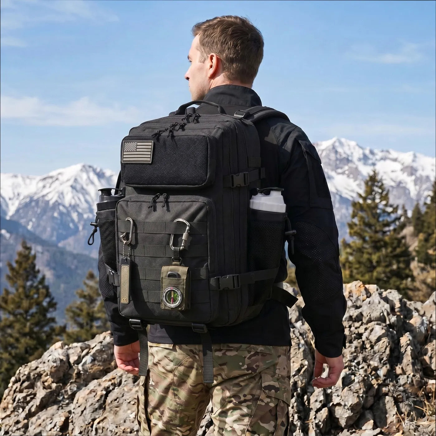 45L Large Capacity Tactical Backpack Hunting Rucksack with Dual Water Bottle Cup Holders Outdoor Camping Survival Equipment Backpack for Hiking Trekking Travel Sports EDC Daily Use