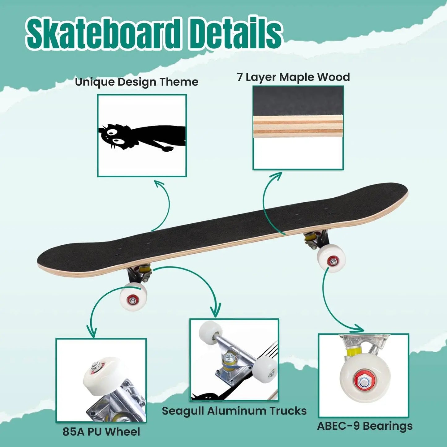 Skateboards Black cat Scratching The Wall Silhouette of Cartoon cat ClimThe Classic Concave