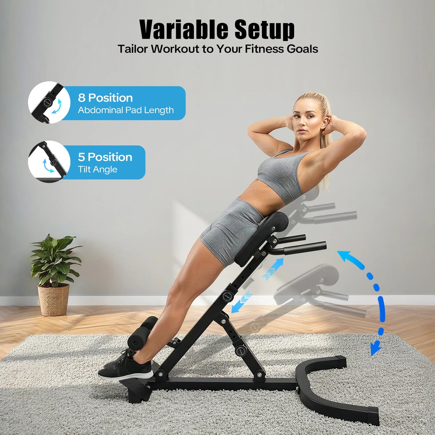 Back Extension Roman Chair Steel Frame Foldable Hyperextension Bench 5 Incline Angles 8 Adjustable Abdominal Pad Length 150Kg Load Capacity Multi-functional Core Workout Bench Anti-slip Handle Pedal Home Gym Fitness Equipment