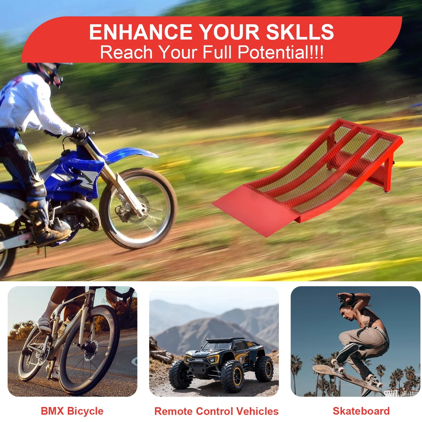 Bike Ramp, Portable BMX Ramp, 6-12 Kids Skateboard Jumps, Detachable Construction - Heavy-Duty RC Car Training
