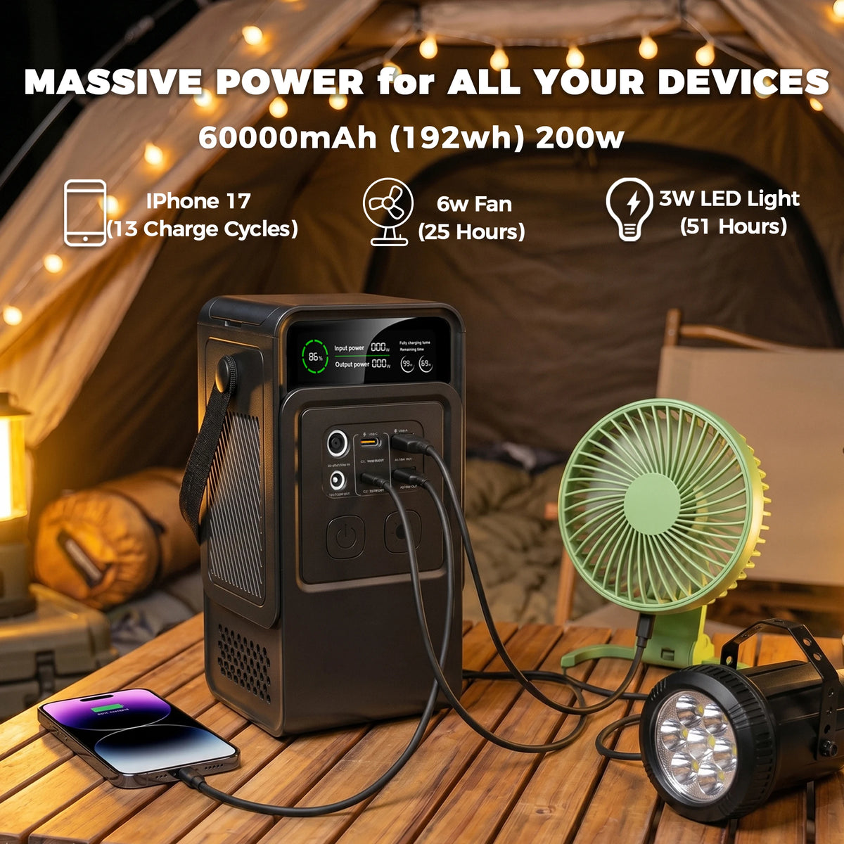 200W Power Station Camping 192Wh Lifepo4 Power Bank 60000mAh Portable Charger Battery Emergency Power USB TYPE-C Port