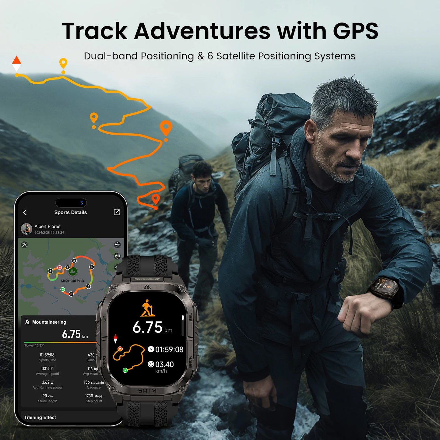 Advanced GPS Smartwatch for Men MIL-STD-810H Tough 5ATM Waterproof Integrated Flashlight & Health Tracking