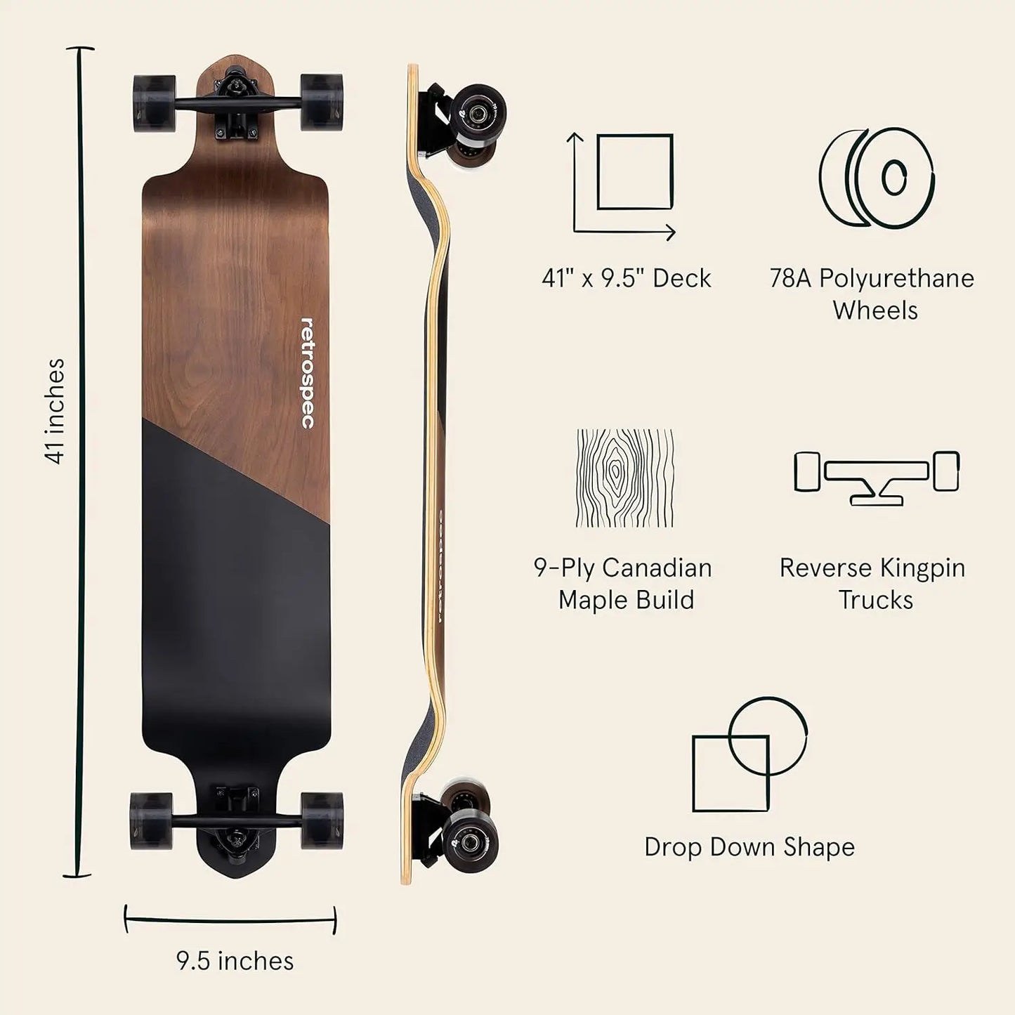 Tidal Drop Down Longboard - 41' Extra Wide Stable Deck, 9-Ply Canadian Maple, ABEC-9 Bearings, 85A PU
