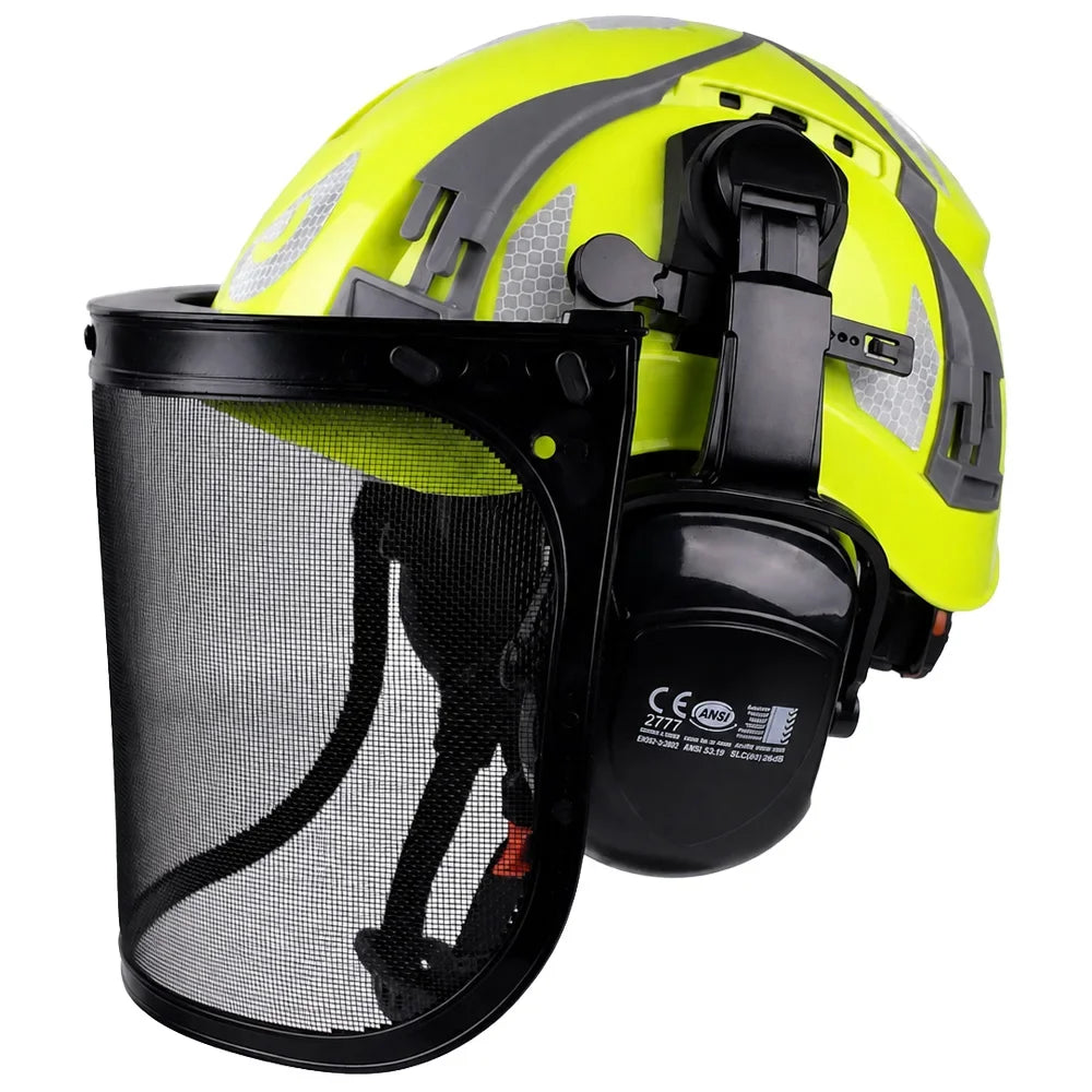 Safety Helmet with Reflective Stickers 3-in-1 Chainsaw Hard Hat Mesh Shield Ear Muffs for Arborist Logging Cap