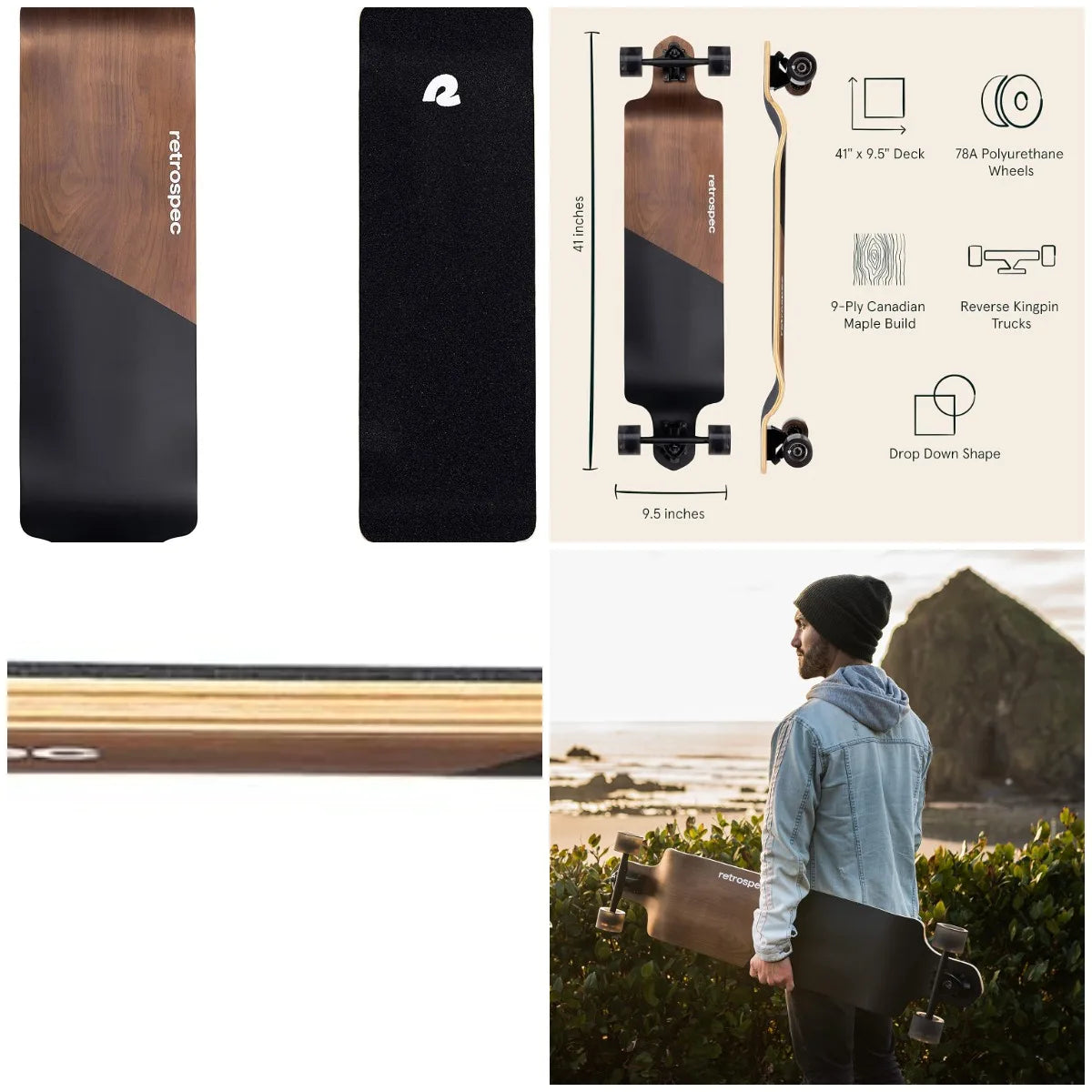 Tidal Drop Down Longboard - 41' Extra Wide Stable Deck, 9-Ply Canadian Maple, ABEC-9 Bearings, 85A PU