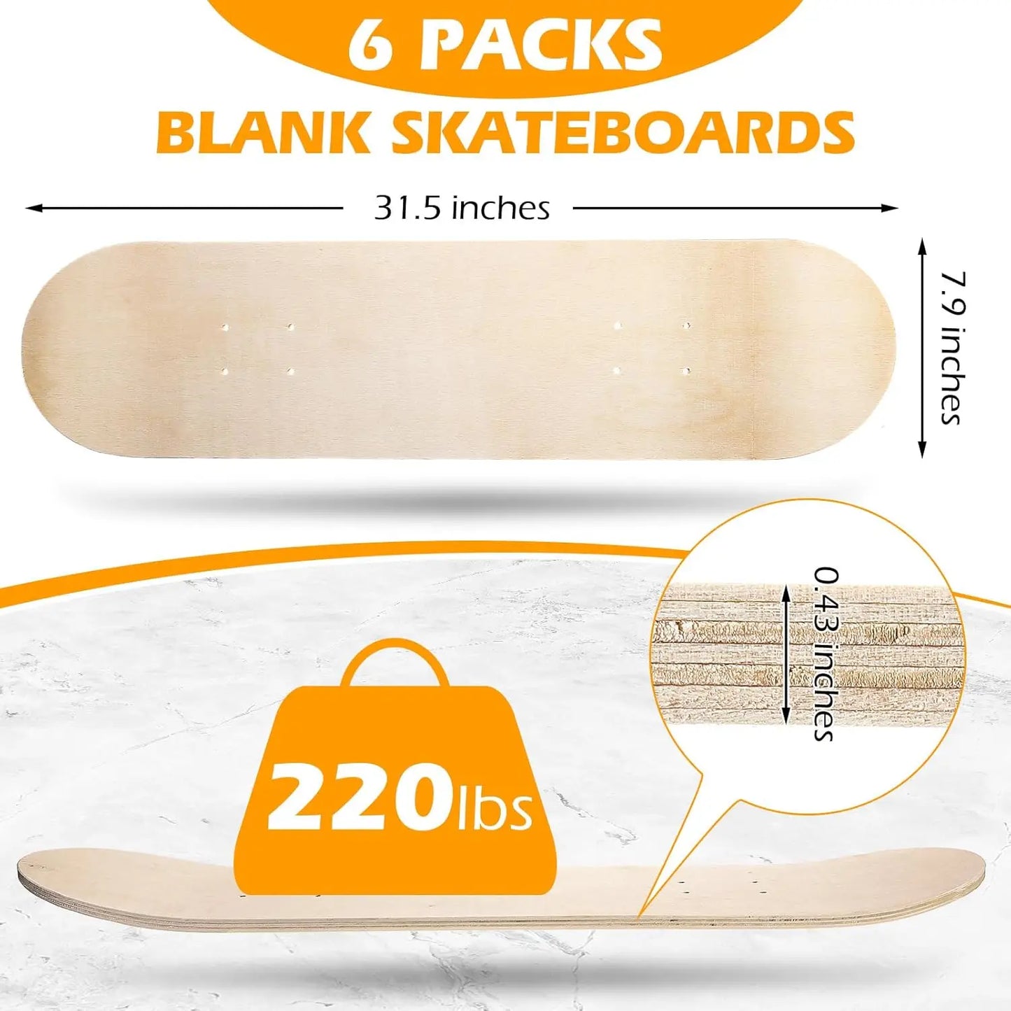 6 Pcs Blank Skateboard Decks Bulk 32 x 8 Inch 7 Ply Maple Wooden Plain Skate Decks Natural Wood