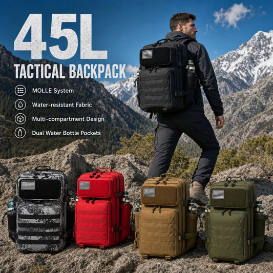 45L Large Capacity Tactical Backpack Hunting Rucksack with Dual Water Bottle Cup Holders Outdoor Camping Survival Equipment Backpack for Hiking Trekking Travel Sports EDC Daily Use