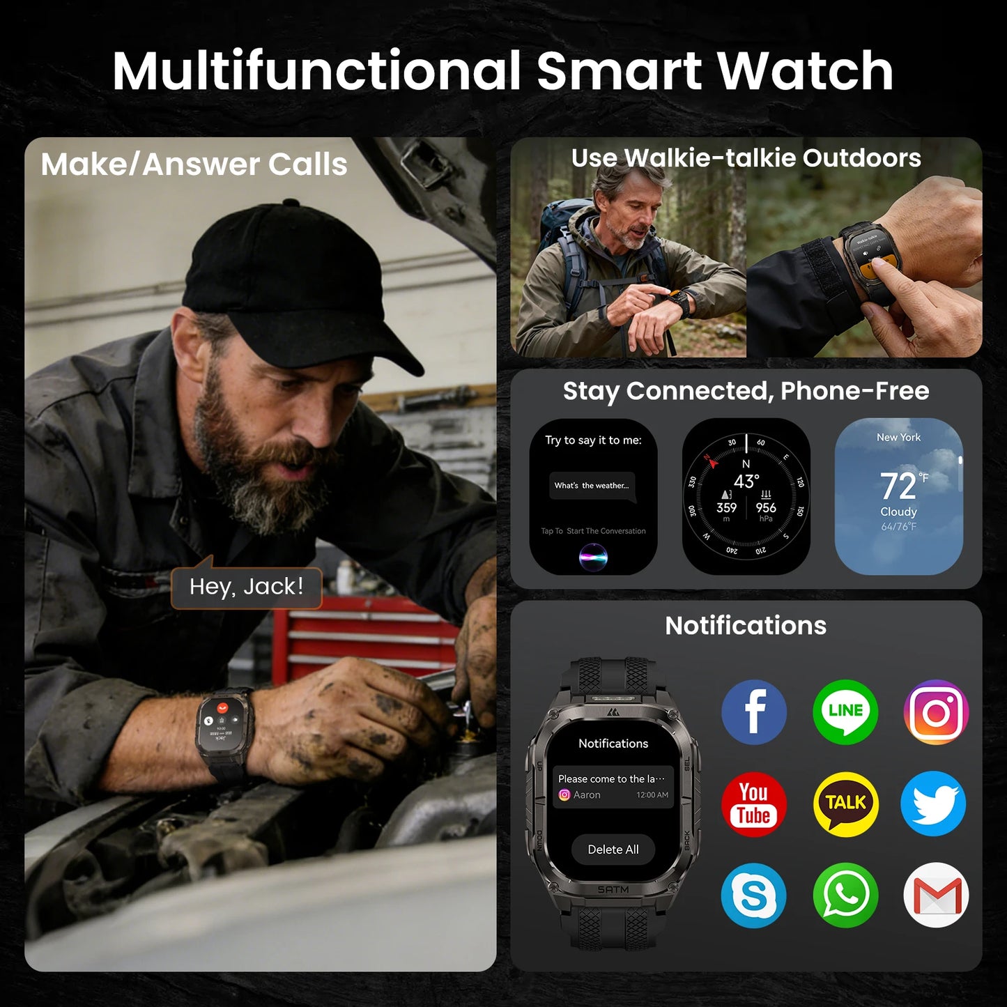 Advanced GPS Smartwatch for Men MIL-STD-810H Tough 5ATM Waterproof Integrated Flashlight & Health Tracking