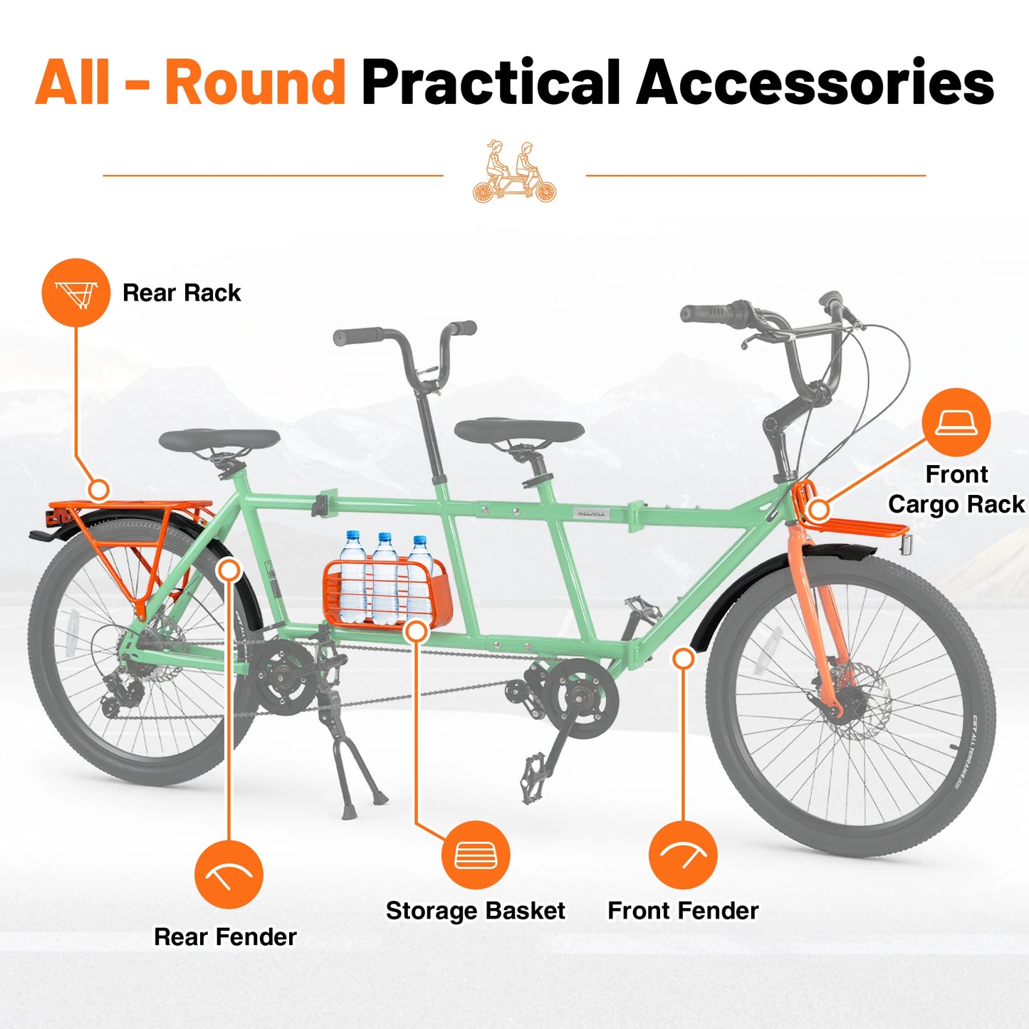24" Tandem Bike Double Rider Bicycle All Terrain Tire with Basket Rack for Couple Family Outdoor Cycling
