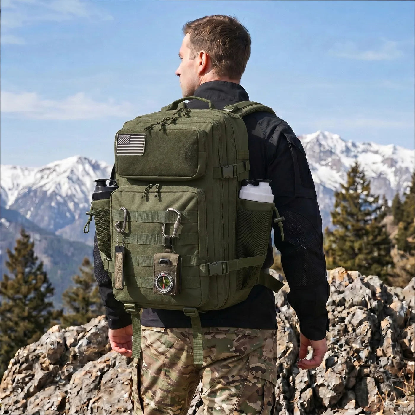 45L Large Capacity Tactical Backpack Hunting Rucksack with Dual Water Bottle Cup Holders Outdoor Camping Survival Equipment Backpack for Hiking Trekking Travel Sports EDC Daily Use