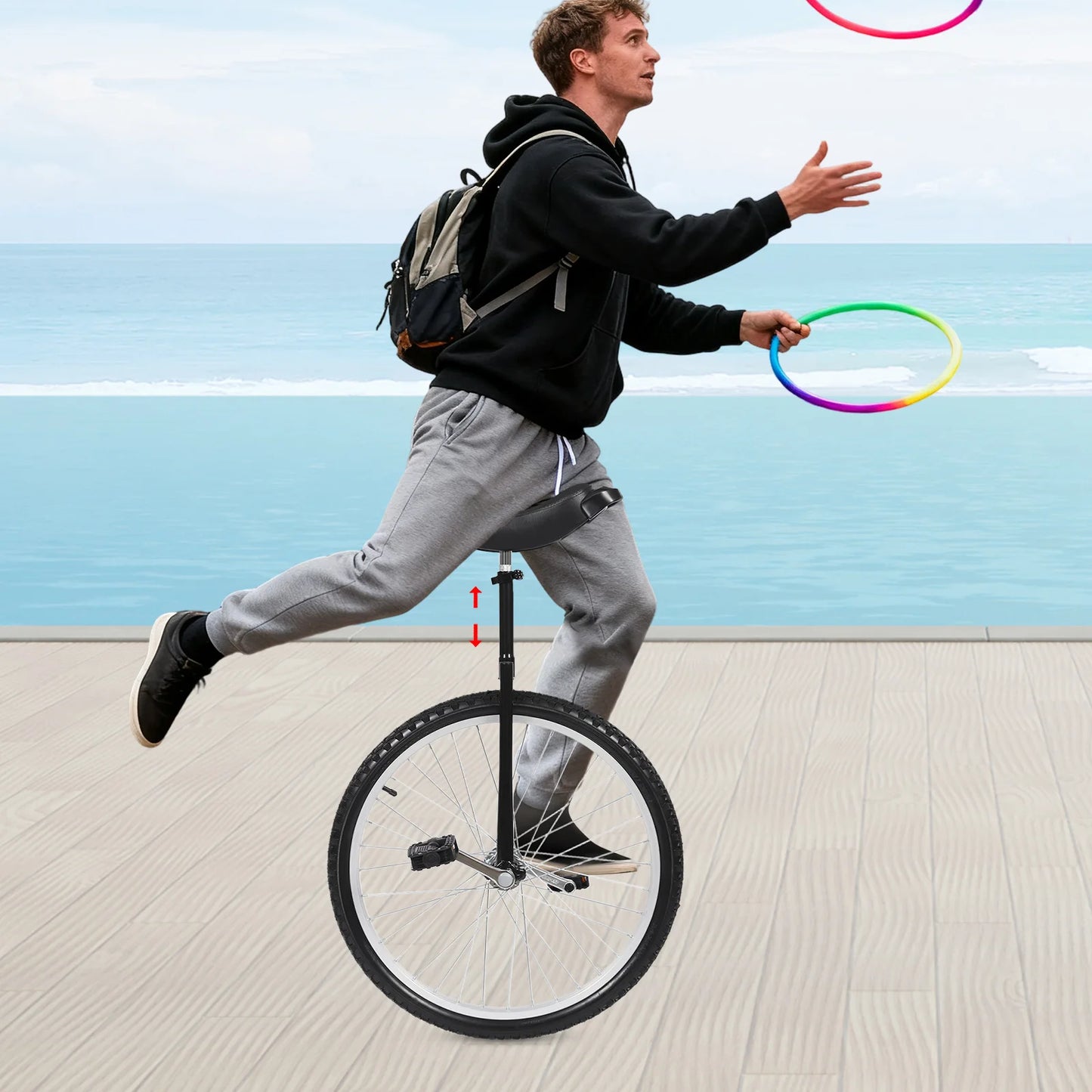 24“ One-Wheel Bike, Height Adjustable Unicycle with Anti-Skid Alloy Rim and Curved PU Seat Outdoor Unicycle for Adults Kids Outdoor Sports Fitness Exercise