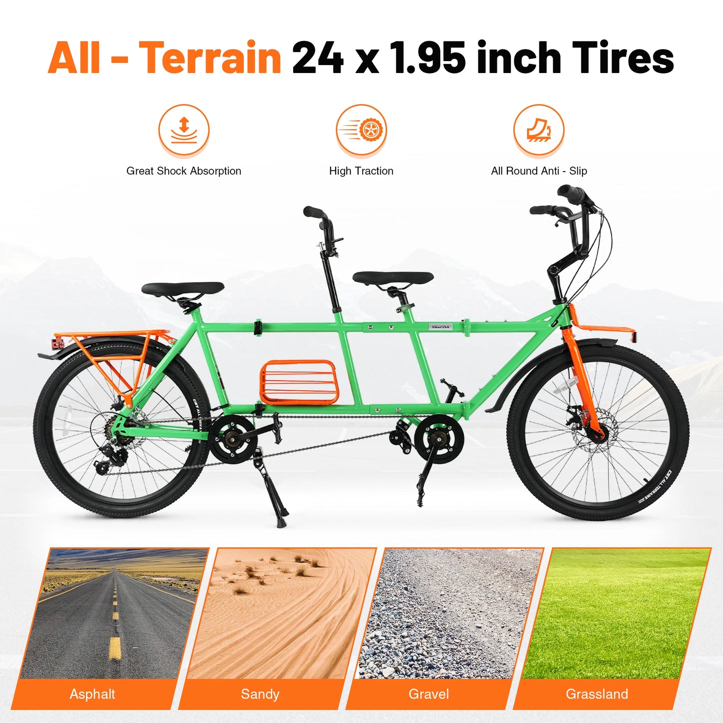 24" Tandem Bike Double Rider Bicycle All Terrain Tire with Basket Rack for Couple Family Outdoor Cycling