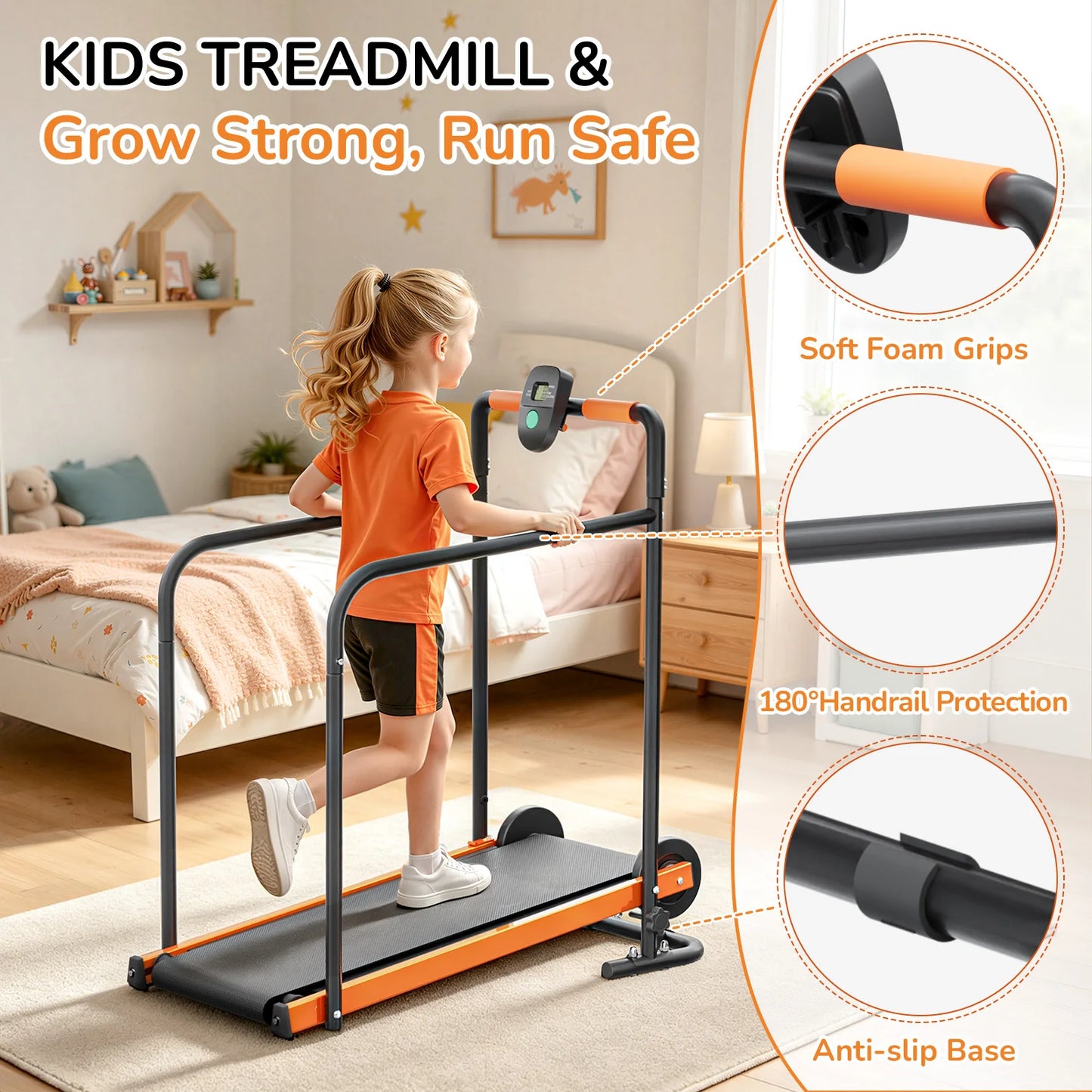 Kids Walking Pad Treadmill - Non-Electric Indoor Exercise Equipment for Boys & Girls, Self-Propelled Fitness Toy with Front Padded Rails, Safe Active Play Gym for Home Use