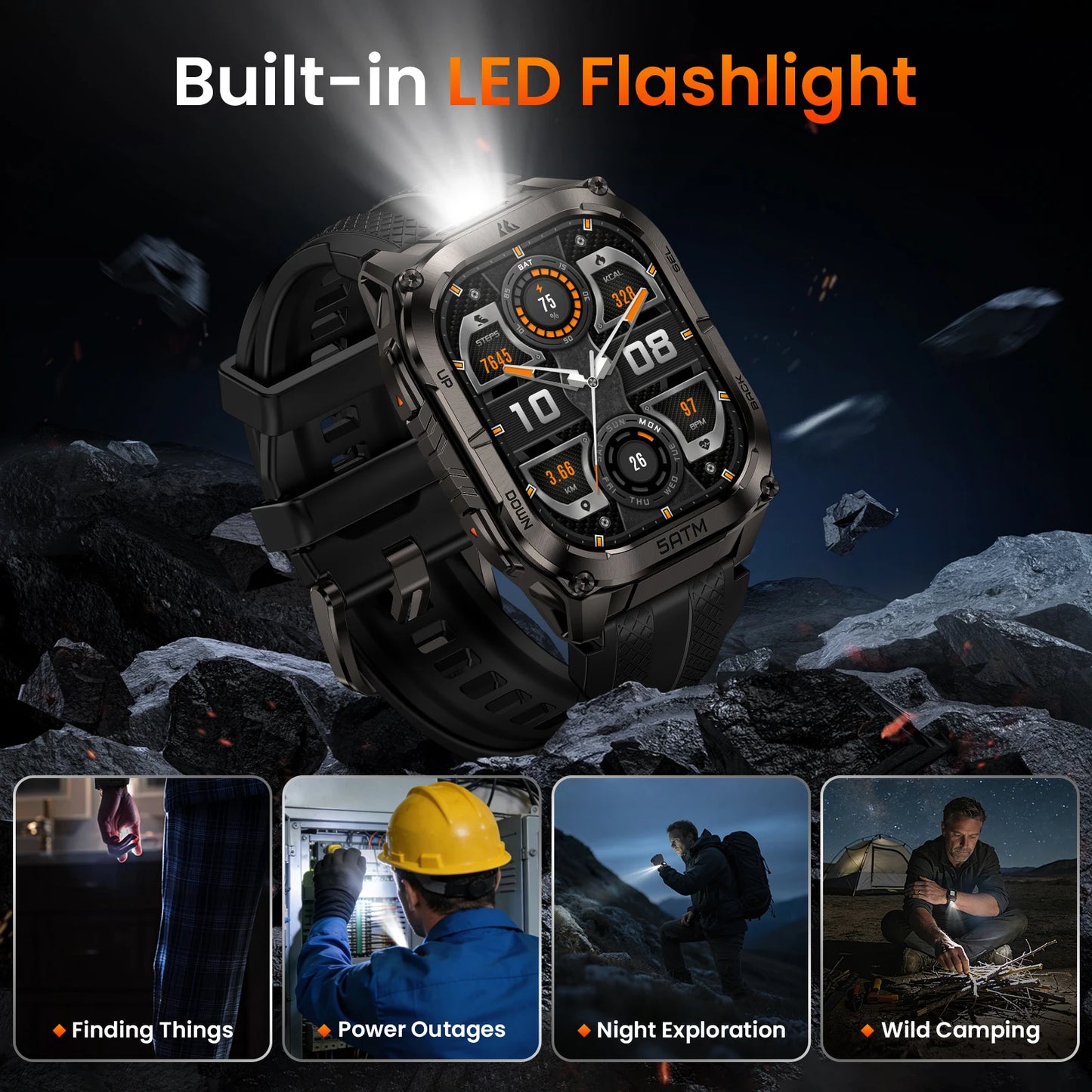 Advanced GPS Smartwatch for Men MIL-STD-810H Tough 5ATM Waterproof Integrated Flashlight & Health Tracking
