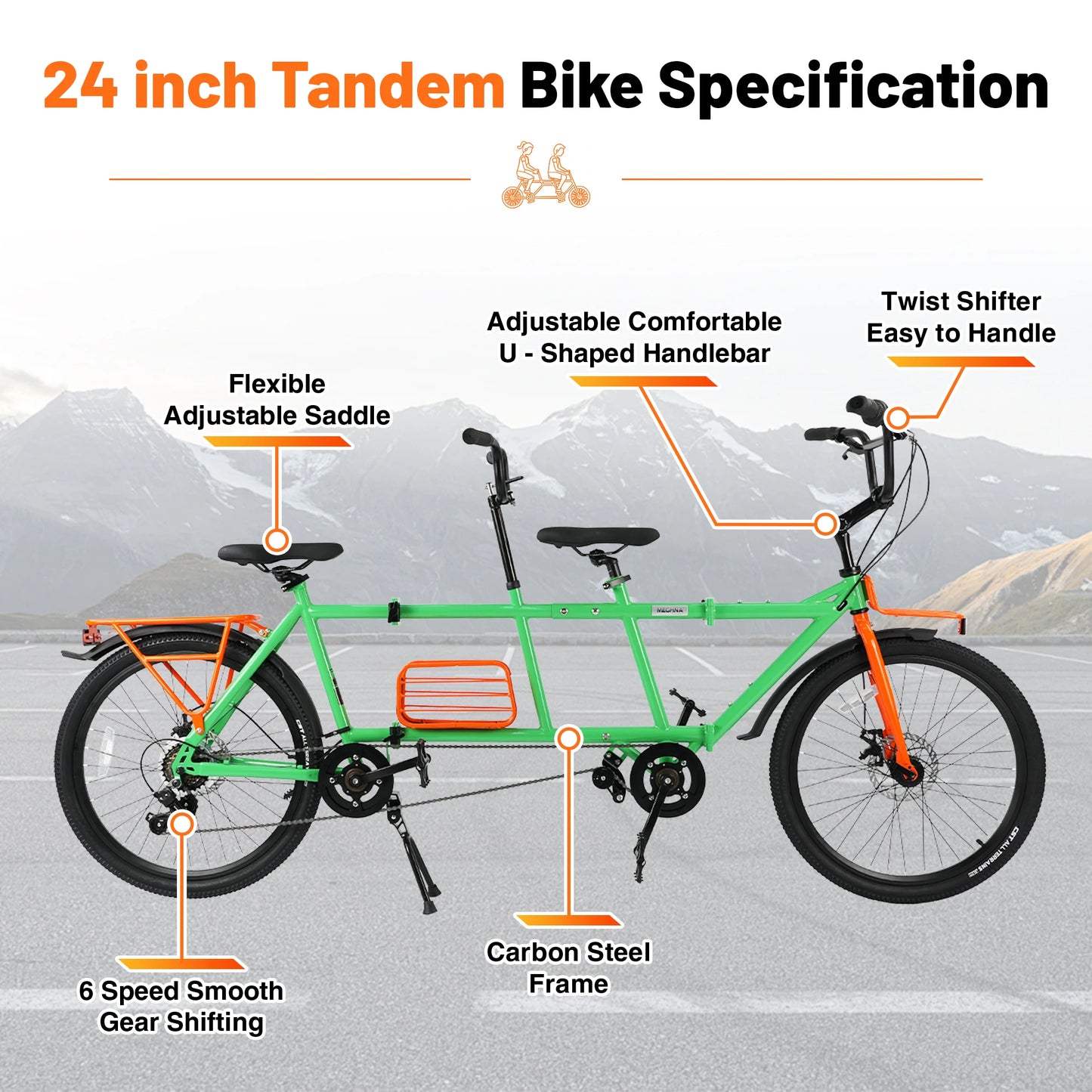24" Tandem Bike Double Rider Bicycle All Terrain Tire with Basket Rack for Couple Family Outdoor Cycling