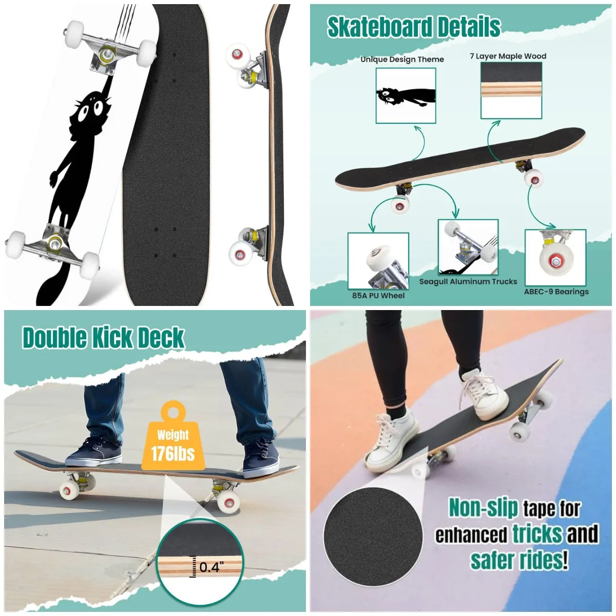 Skateboards Black cat Scratching The Wall Silhouette of Cartoon cat ClimThe Classic Concave