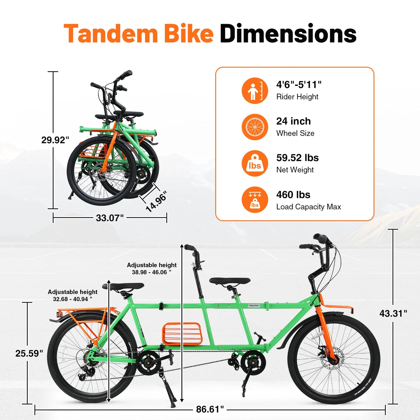 24" Tandem Bike Double Rider Bicycle All Terrain Tire with Basket Rack for Couple Family Outdoor Cycling