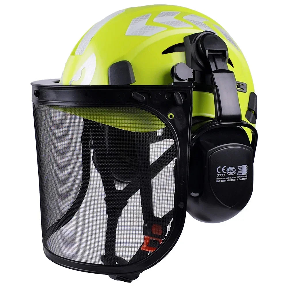 Safety Helmet with Reflective Stickers 3-in-1 Chainsaw Hard Hat Mesh Shield Ear Muffs for Arborist Logging Cap