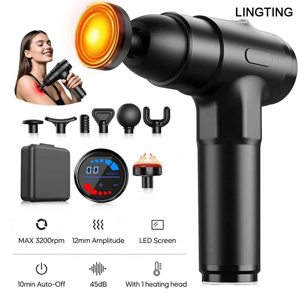 Heating massage gun, deep tissue massage gun, back and neck massager, muscle percussion massager, silent fascia gun, handheld massager, 7 massage eadhs, comes with a storage case, Christmas gift, birthday gift, sports gift