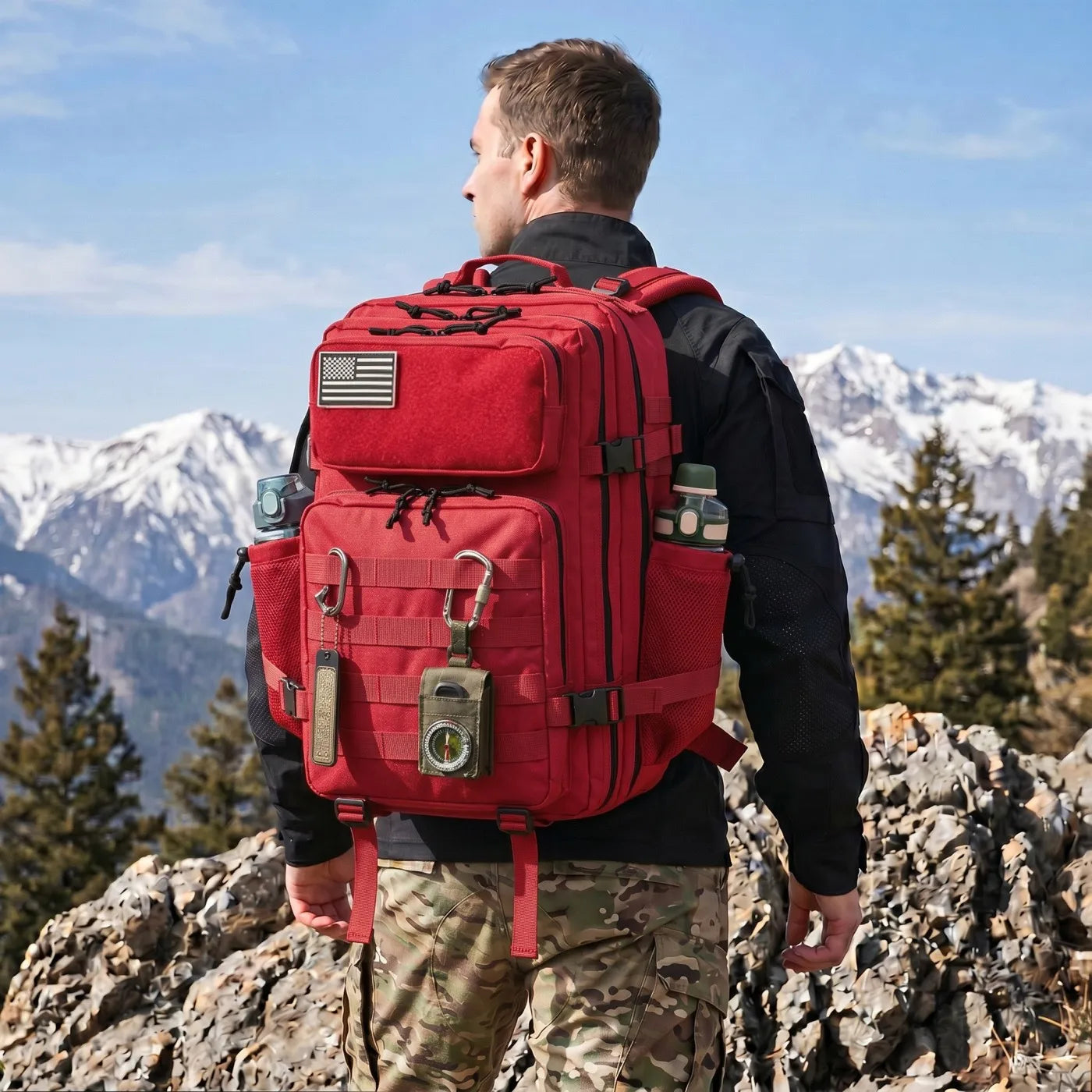 45L Large Capacity Tactical Backpack Hunting Rucksack with Dual Water Bottle Cup Holders Outdoor Camping Survival Equipment Backpack for Hiking Trekking Travel Sports EDC Daily Use
