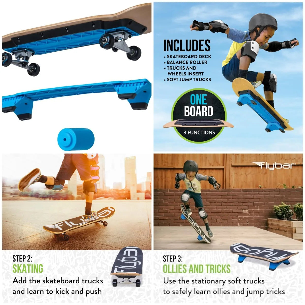 3 in-1 Learn to Skate – Complete Skateboard for Beginners, Balance Board, Skateboard Accessories