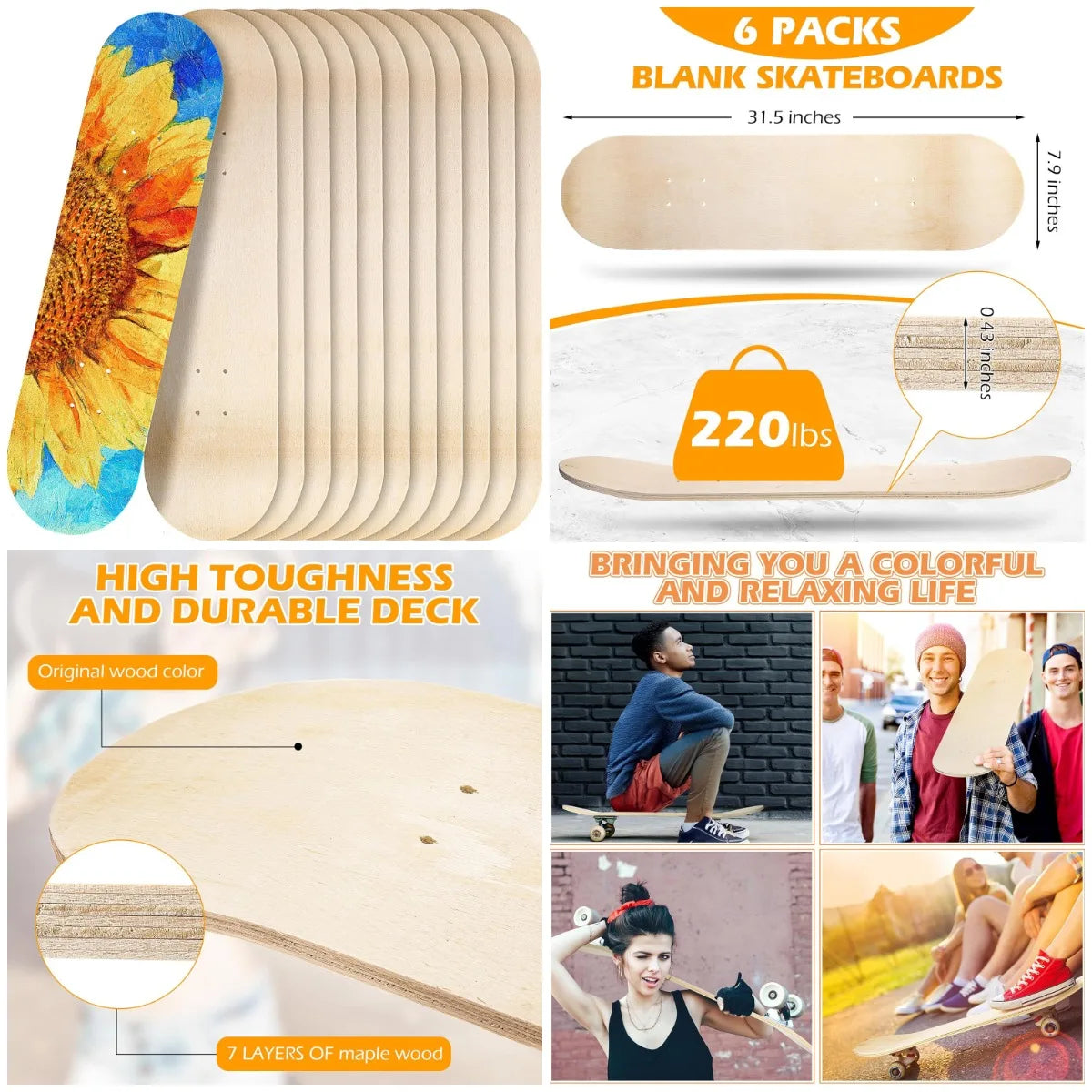 6 Pcs Blank Skateboard Decks Bulk 32 x 8 Inch 7 Ply Maple Wooden Plain Skate Decks Natural Wood