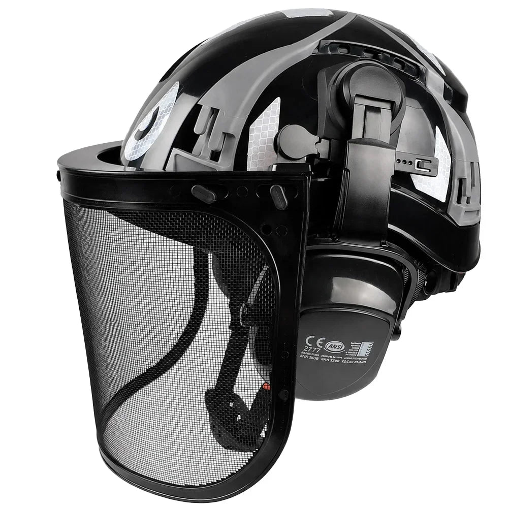 Safety Helmet with Reflective Stickers 3-in-1 Chainsaw Hard Hat Mesh Shield Ear Muffs for Arborist Logging Cap