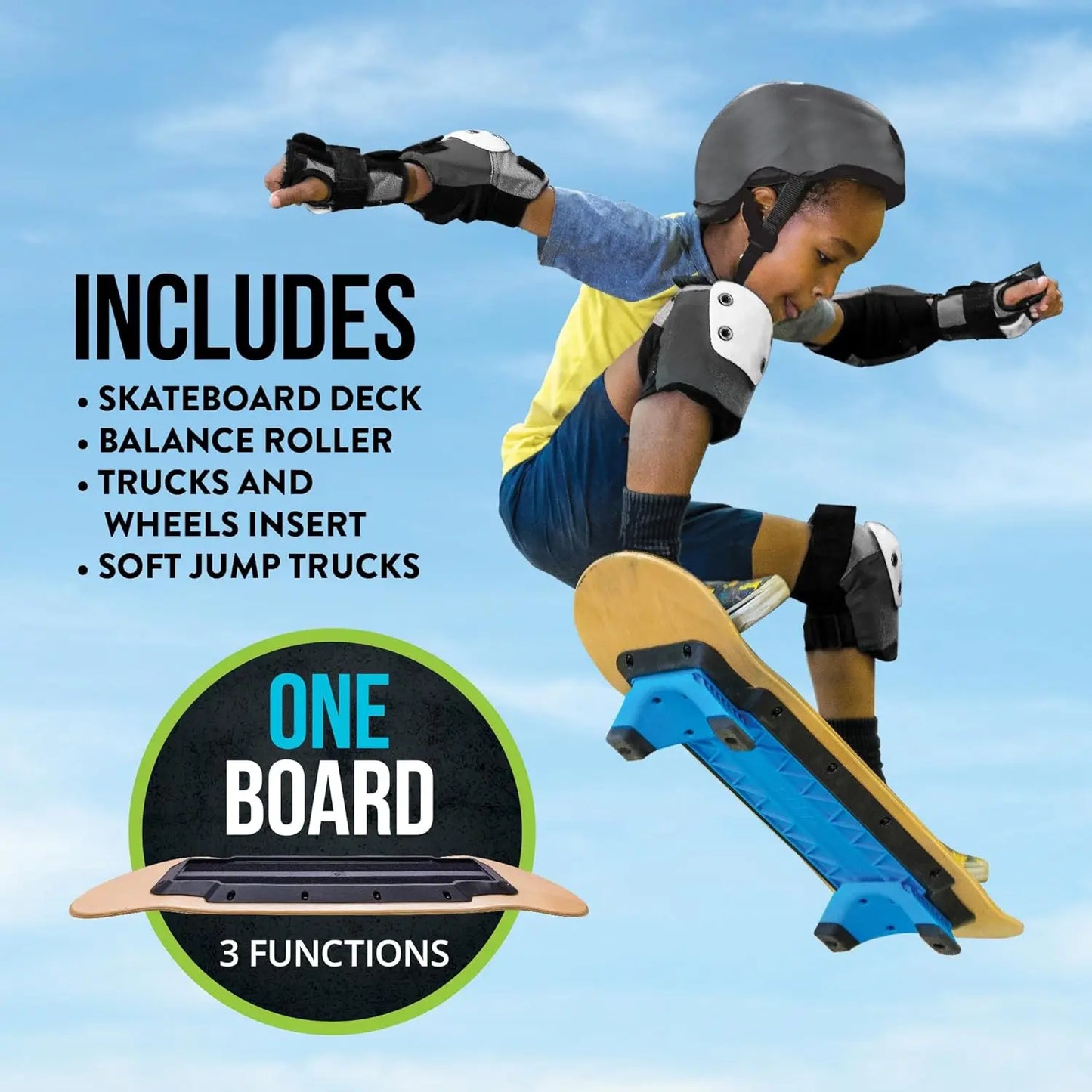 3 in-1 Learn to Skate – Complete Skateboard for Beginners, Balance Board, Skateboard Accessories