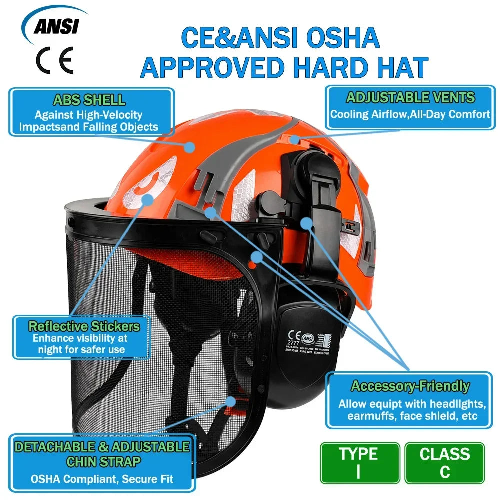 Safety Helmet with Reflective Stickers 3-in-1 Chainsaw Hard Hat Mesh Shield Ear Muffs for Arborist Logging Cap