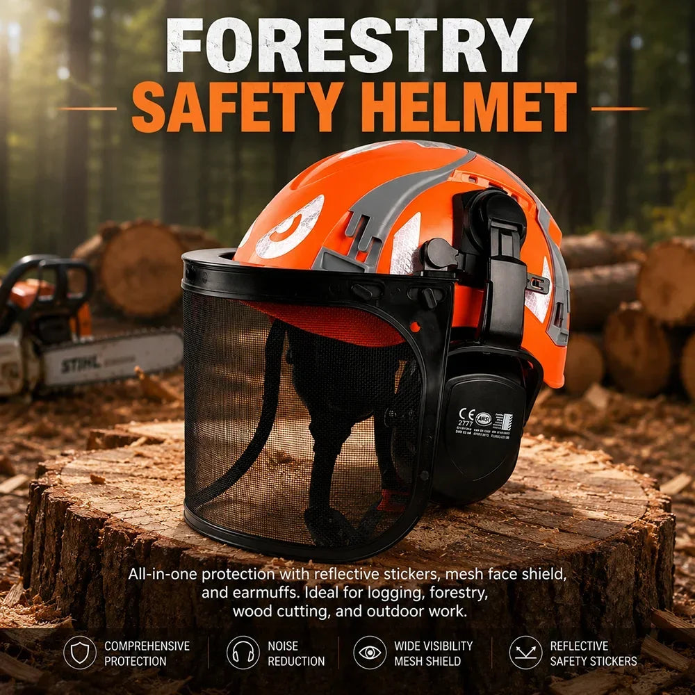 Safety Helmet with Reflective Stickers 3-in-1 Chainsaw Hard Hat Mesh Shield Ear Muffs for Arborist Logging Cap