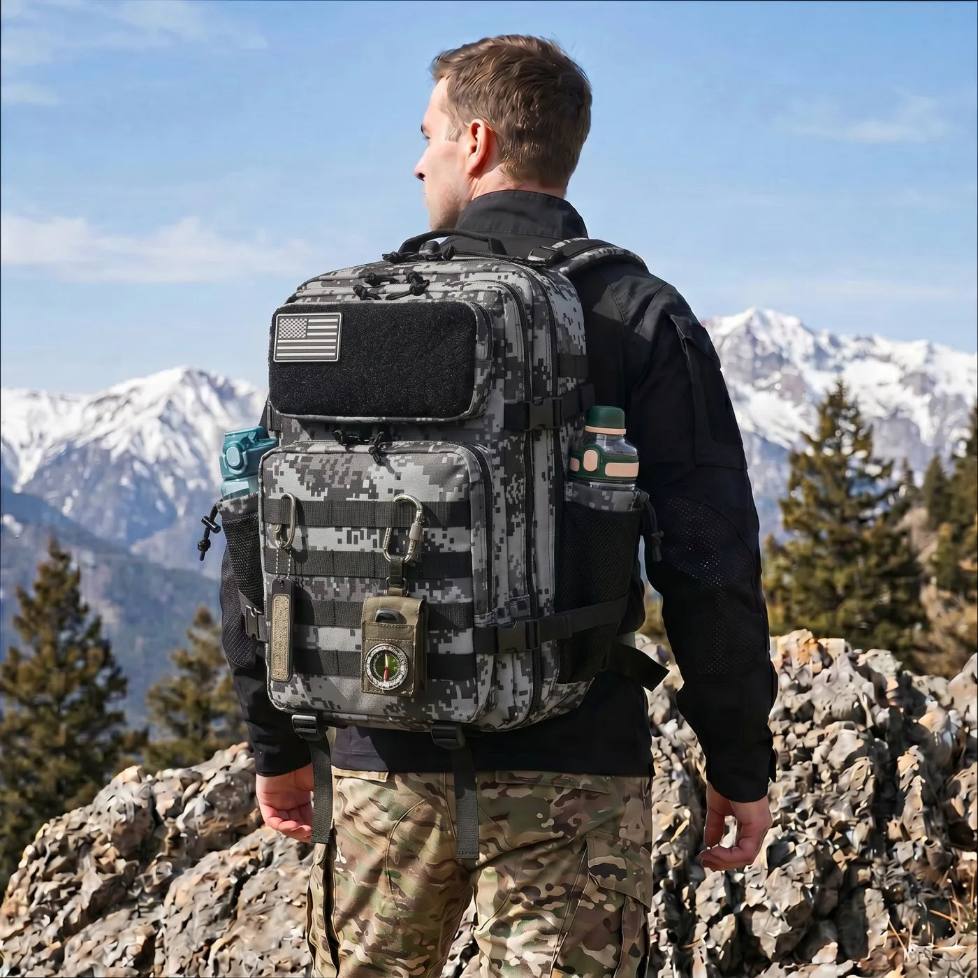 45L Large Capacity Tactical Backpack Hunting Rucksack with Dual Water Bottle Cup Holders Outdoor Camping Survival Equipment Backpack for Hiking Trekking Travel Sports EDC Daily Use