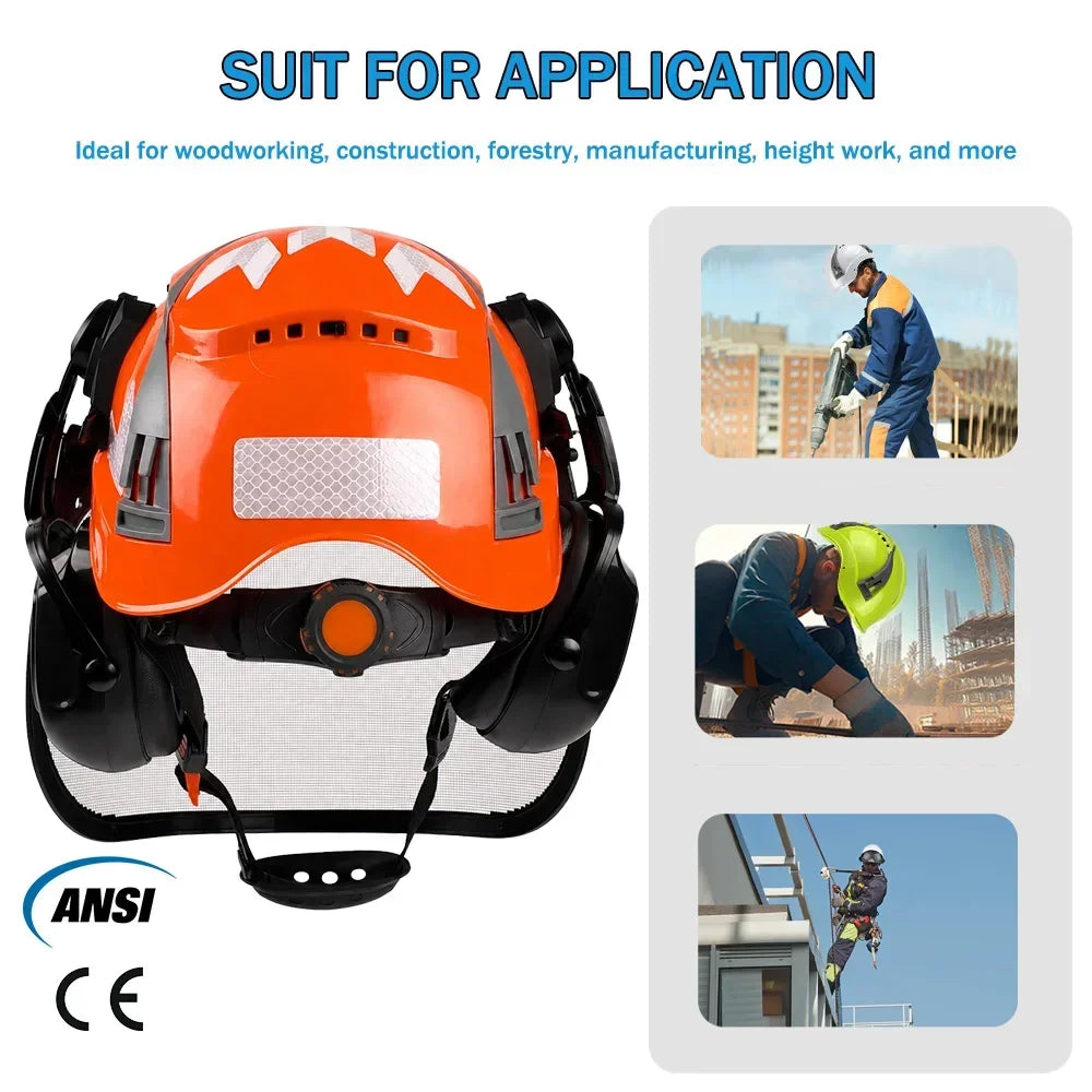 Safety Helmet with Reflective Stickers 3-in-1 Chainsaw Hard Hat Mesh Shield Ear Muffs for Arborist Logging Cap