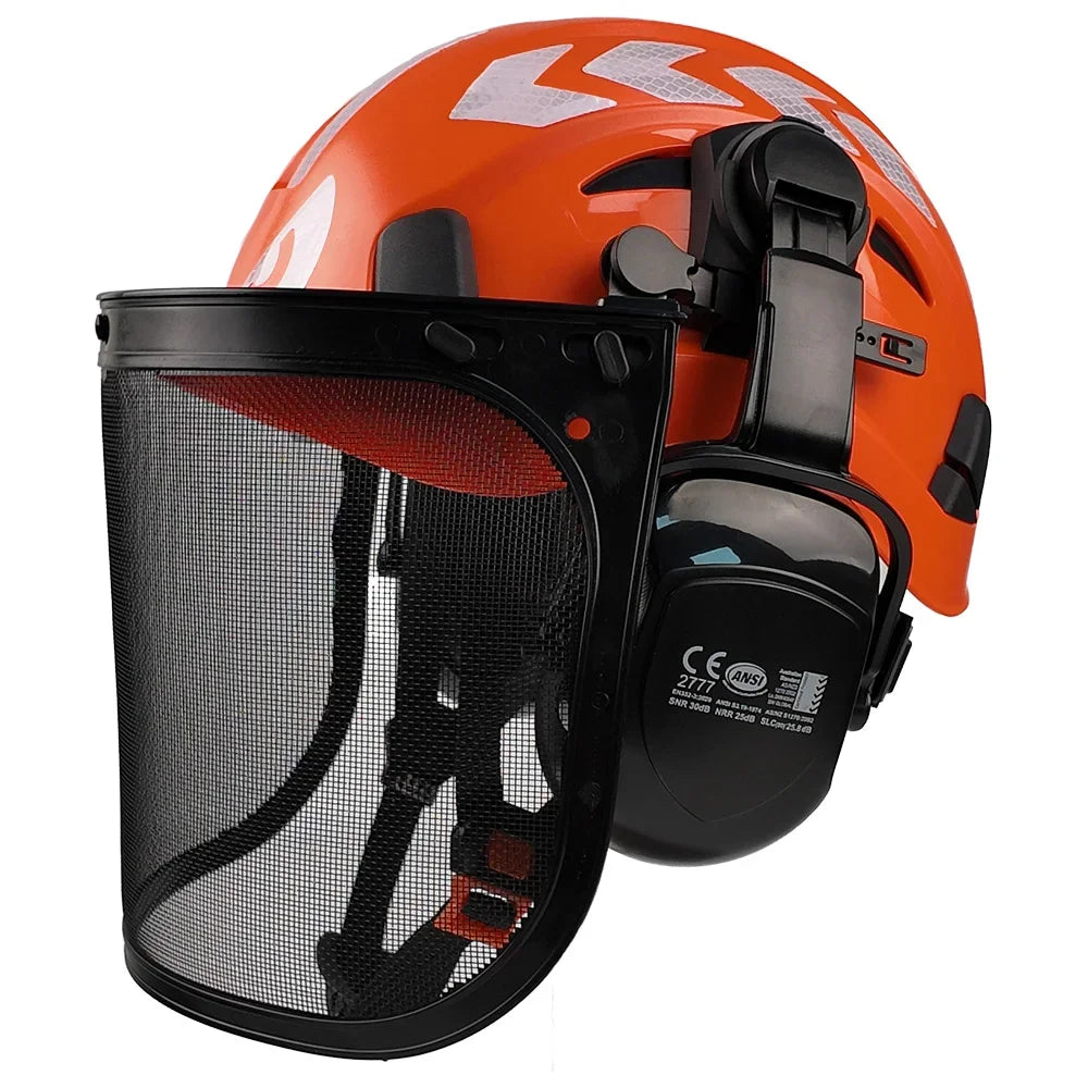 Safety Helmet with Reflective Stickers 3-in-1 Chainsaw Hard Hat Mesh Shield Ear Muffs for Arborist Logging Cap
