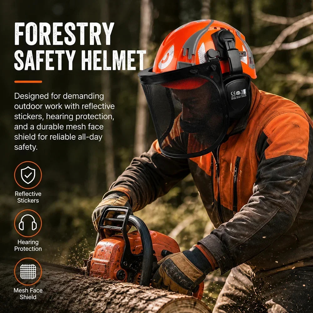 Safety Helmet with Reflective Stickers 3-in-1 Chainsaw Hard Hat Mesh Shield Ear Muffs for Arborist Logging Cap