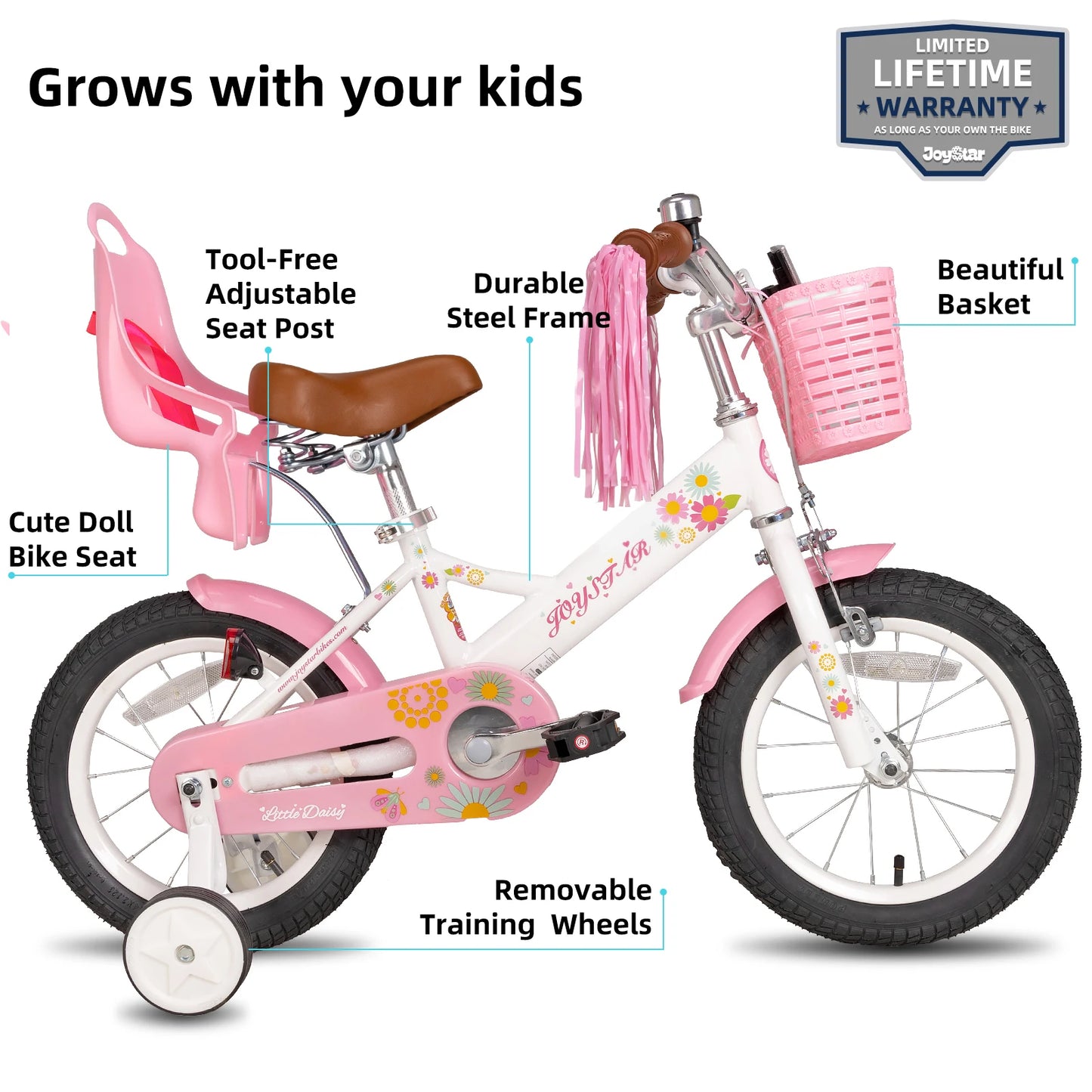 Little Daisy Kids Bike for Girls Ages 2-7 Years,  Bikes with Doll Bike Seat & Streamers,Bikes with Flag & Number Plate