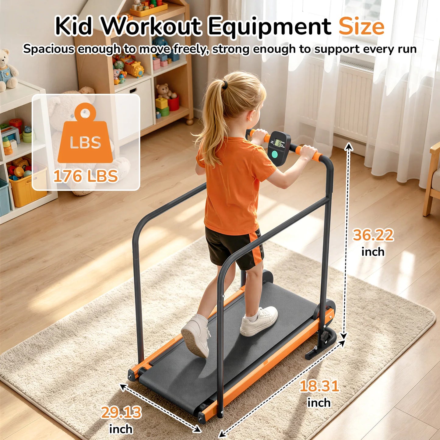 Kids Walking Pad Treadmill - Non-Electric Indoor Exercise Equipment for Boys & Girls, Self-Propelled Fitness Toy with Front Padded Rails, Safe Active Play Gym for Home Use