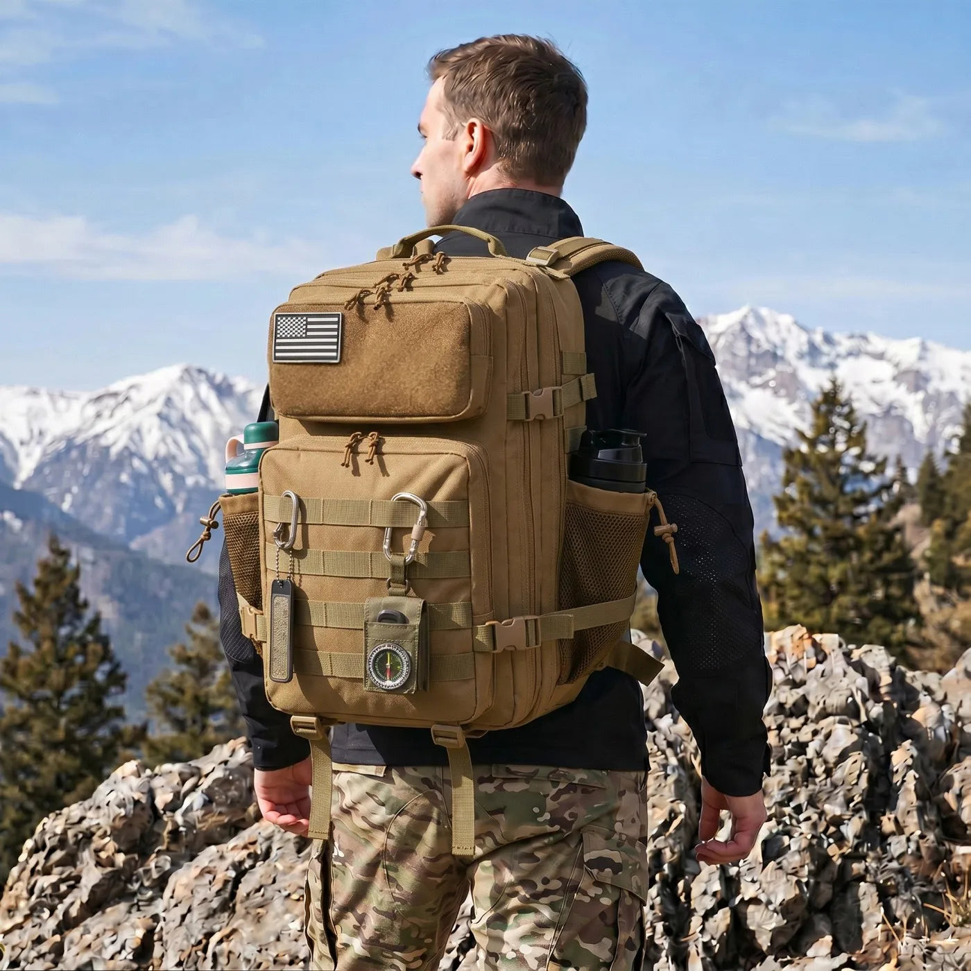 45L Large Capacity Tactical Backpack Hunting Rucksack with Dual Water Bottle Cup Holders Outdoor Camping Survival Equipment Backpack for Hiking Trekking Travel Sports EDC Daily Use