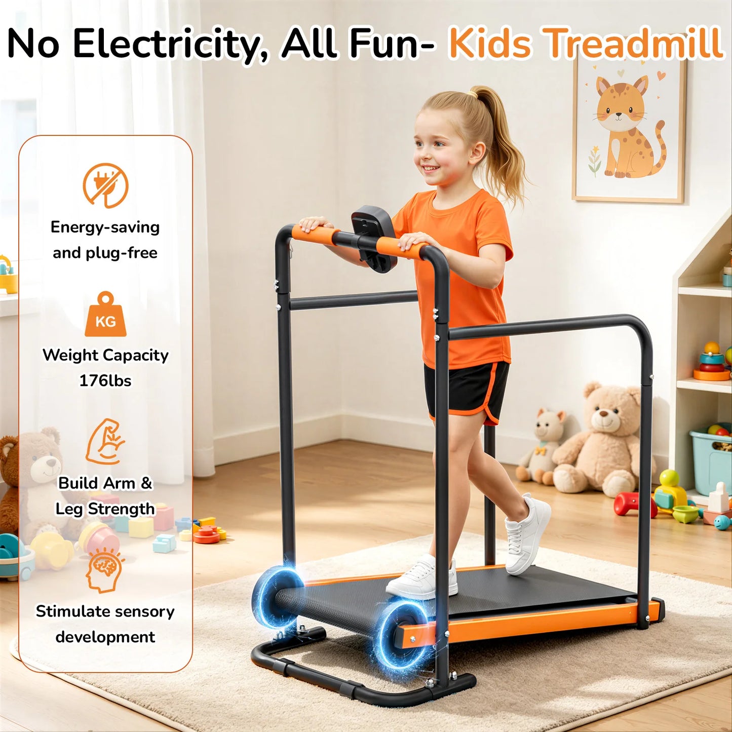 Kids Walking Pad Treadmill - Non-Electric Indoor Exercise Equipment for Boys & Girls, Self-Propelled Fitness Toy with Front Padded Rails, Safe Active Play Gym for Home Use